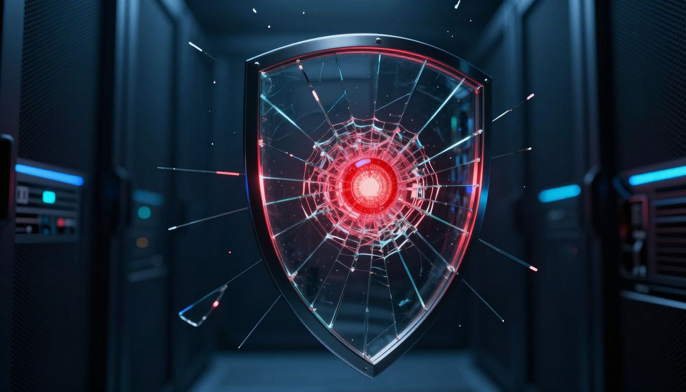A shattered glass shield with red warning light bleeding through the cracks in a dark server room