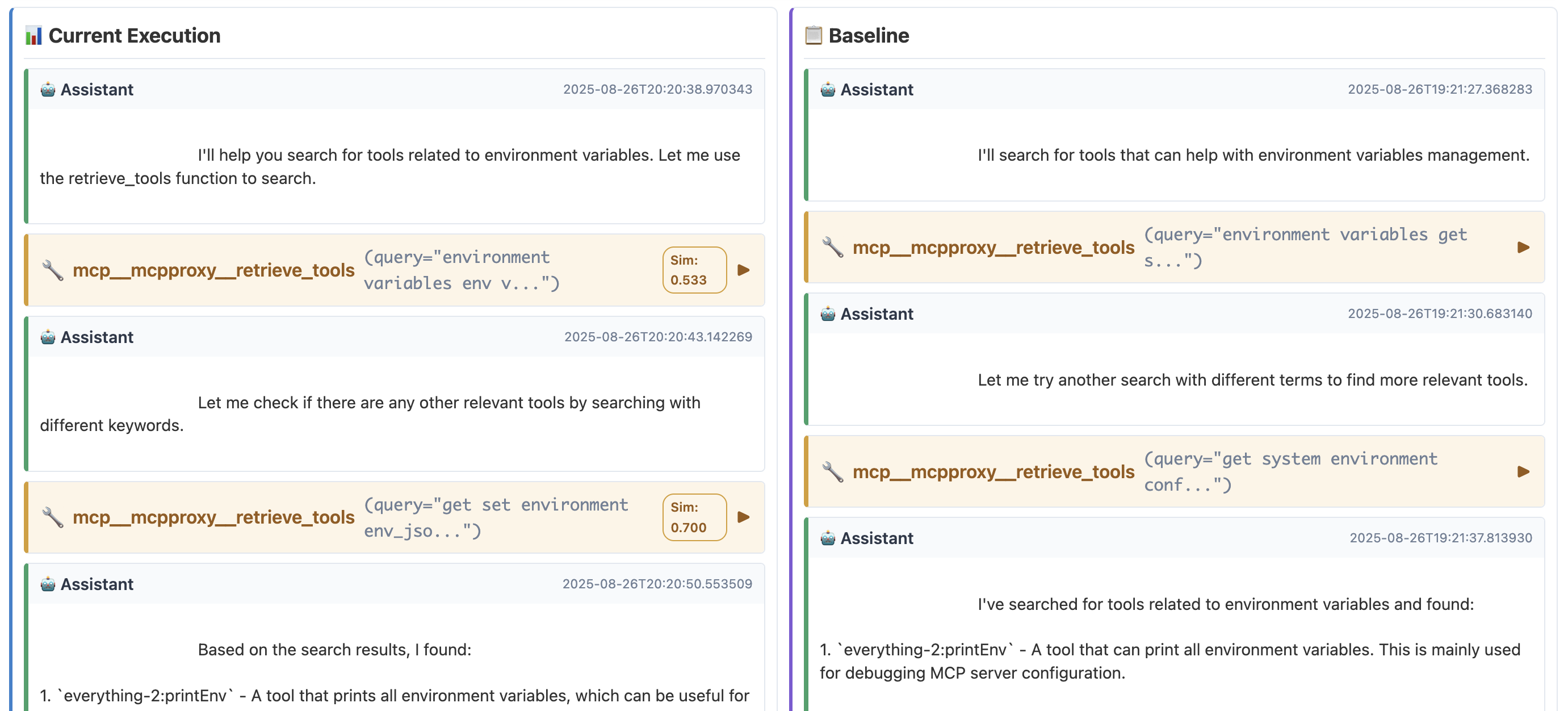 MCP-Eval side-by-side comparison showing baseline vs current execution with similarity scoring