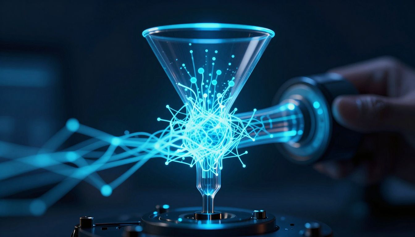 A neural network compressed through a narrow bottleneck funnel, representing context window constraints