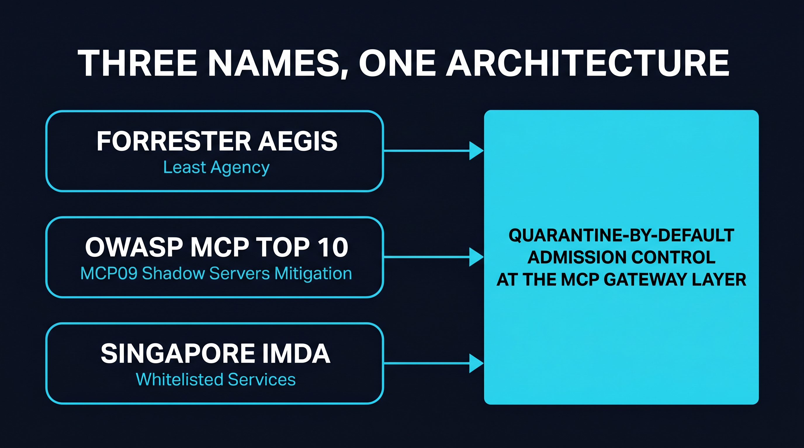 Forrester AEGIS least agency = OWASP MCP09 Shadow Servers mitigation = IMDA whitelisted services. One architecture, three names.