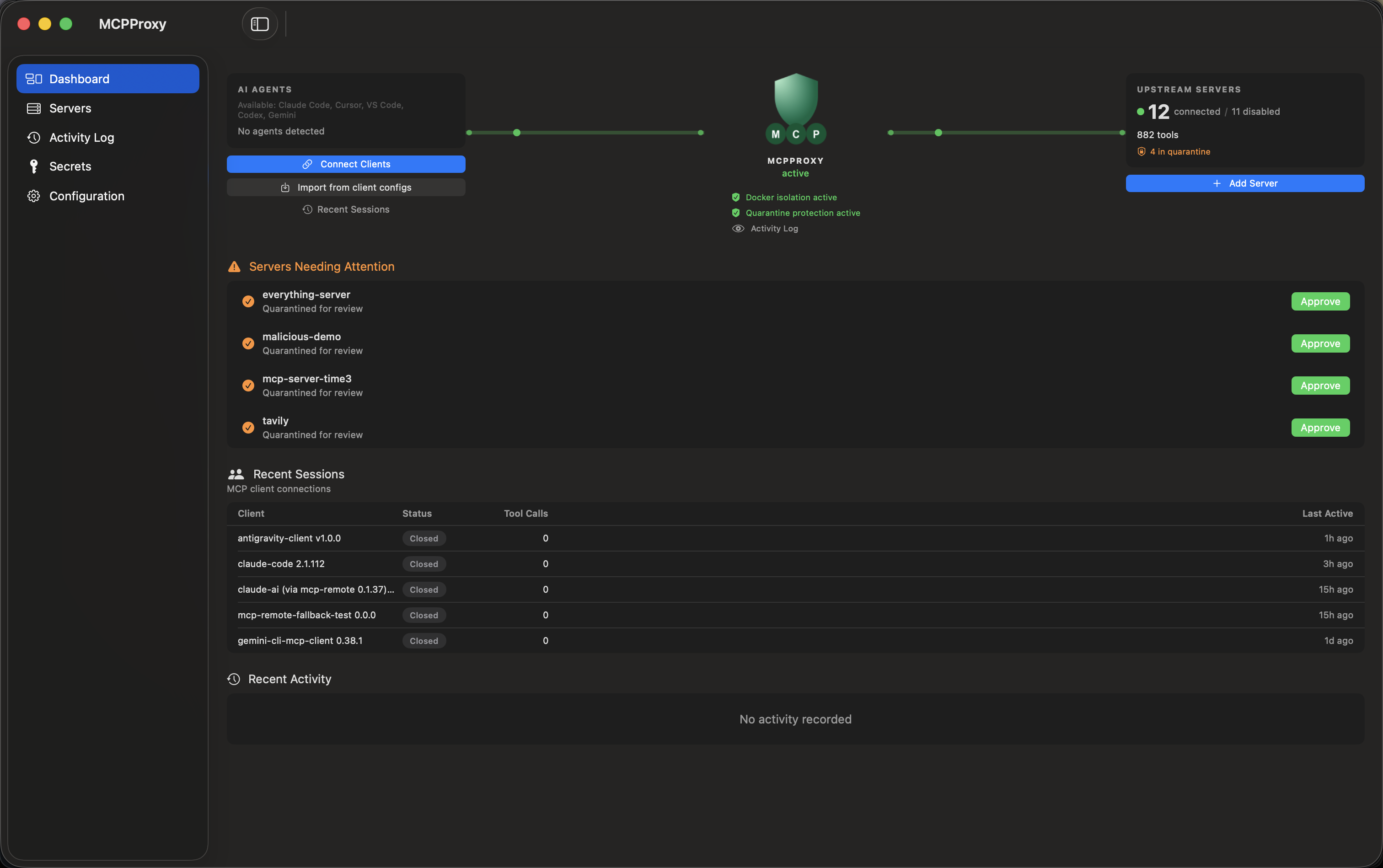 MCPProxy macOS dashboard showing client connections, upstream servers and tools awaiting quarantine review