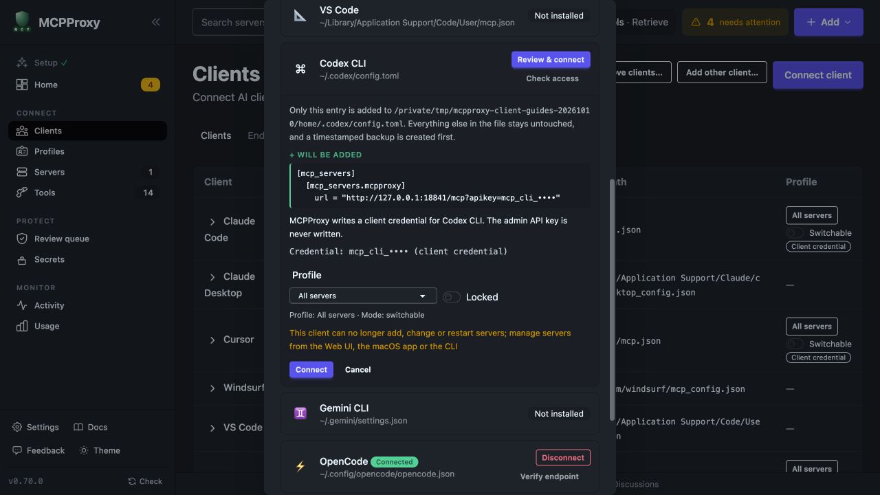 Real MCPProxy Web UI configuration preview for Codex, with the client credential masked
